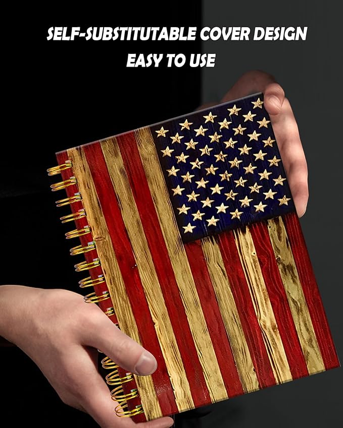 Spiral Journal Notebook for Women,A5 College Ruled Notebooks 6"x 8.4",120 Pages Lined Journal with Premium Thick Paper,Perfect for School Office Home Gifts(Wood American Flag)