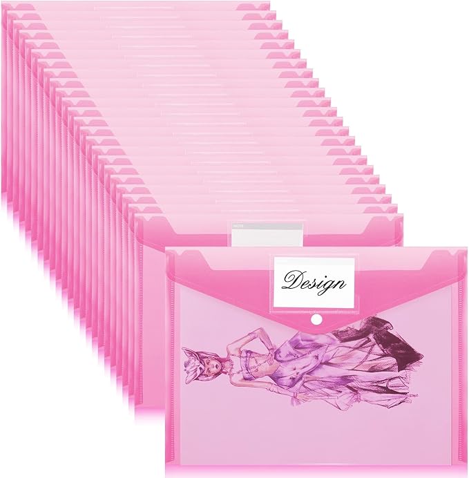 Lincia 24 Pcs Plastic Envelopes A4 Size Poly Envelopes File Folders Work Document Holder Office Paper Plastic File Organizer with Label Pocket Snap Button Home Bag for School (Rose Red)