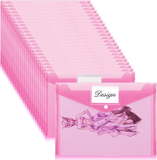 Lincia 24 Pcs Plastic Envelopes A4 Size Poly Envelopes File Folders Work Document Holder Office Paper Plastic File Organizer with Label Pocket Snap Button Home Bag for School (Rose Red)