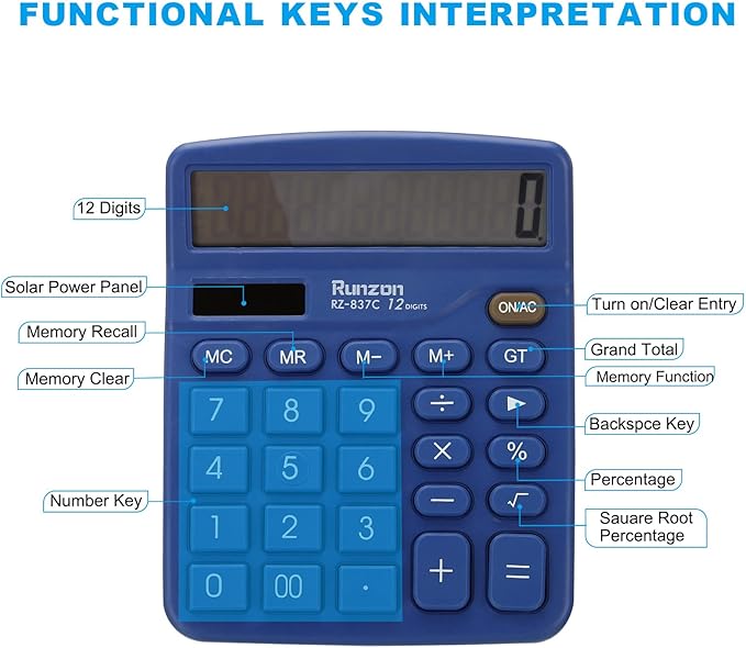 PATIKIL Desk Calculator, 12 Digits Large LCD Display Electronic Calculator Solar Battery Dual Power for Home Office Desktop, Dark Blue