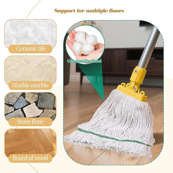 BOHUIZ 20oz Commercial Mop Head Replacement, 6 Pack Heavy Duty Industrial Cotton Loop-End String Wet Mop Head Refills for Home Garage Office Kitchen Industrial Floor Cleaning (White, Green)