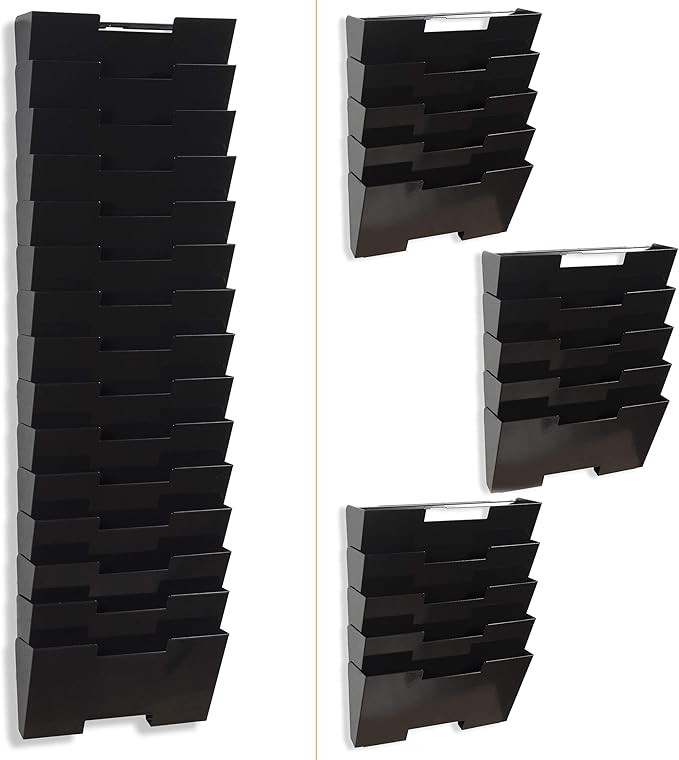 Wallniture Lisbon 15-Tier Wall Mounted File Holder and Desk Organizer, Metal Black Office Organization and Storage Rack