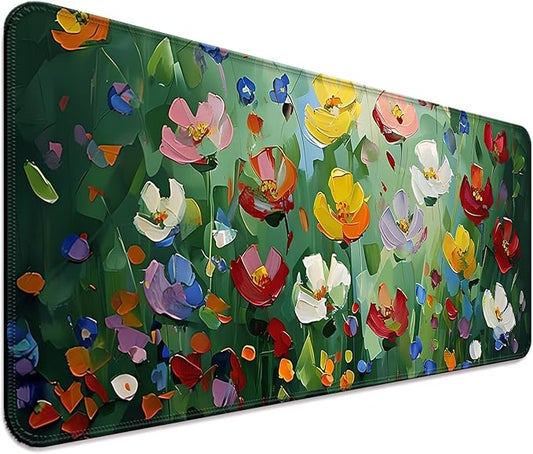 Abstract Green Wildflower Gaming Desk Mat, Computer Keyboard Large Extended Long Floral Mouse Pad for Office and Home, XL (W23)