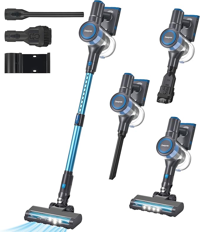 Deepvac 250W 25KPa Suction Cordless Vacuum Cleaner, 6-in-1 Lightweight Stick Vacuum with LED Display & Detachable Battery, 45 Mins Runtime for Hard Floor, Carpet, Pet Hair, Car Cleaning