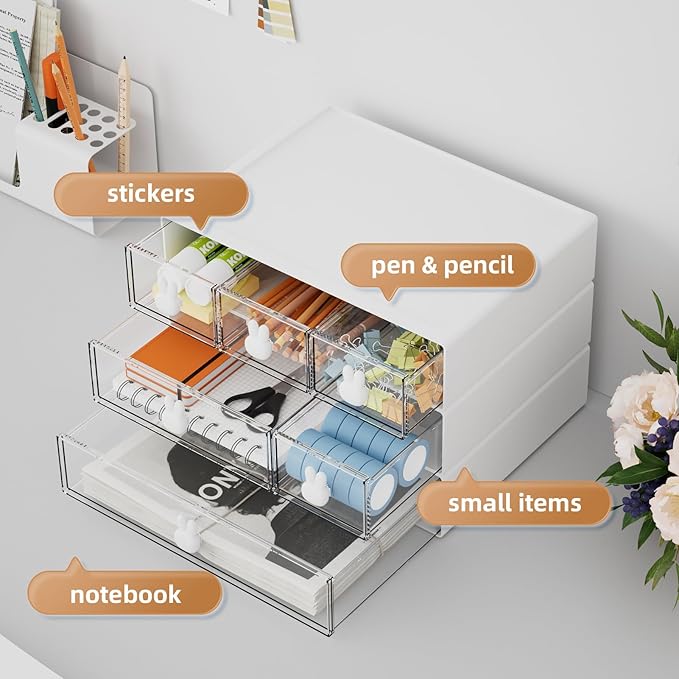 Marbrasse Desk Organizer with 6 Drawers, 3 Tier Stackable Storage Drawers Plastic Makeup Storage, Office Organizers and Storage, Desk Storage Box for Office, School, Home