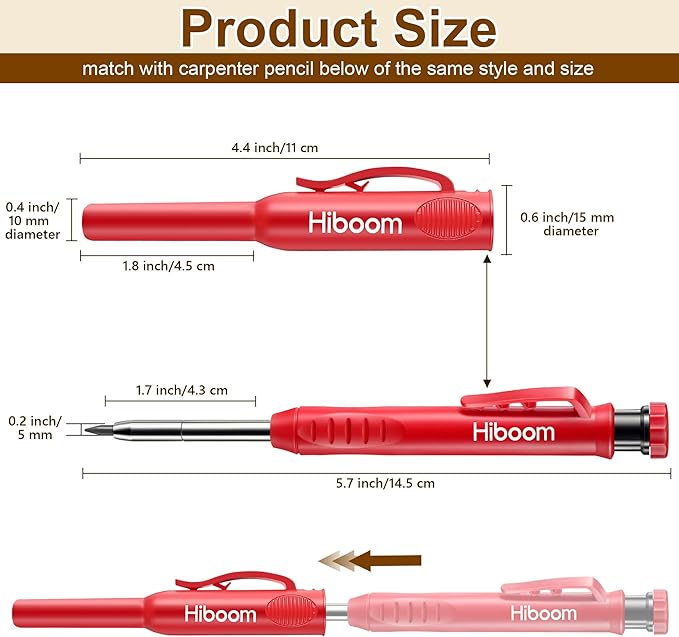 Hiboom 2 Pack Solid Carpenter Pencils with Pencil Cap and 18 Refills, Long Nose Deep Hole Mechanical Pencil Marker, Scribe Tool with Built-in Sharpener for Construction Woodworking Architect (Red)