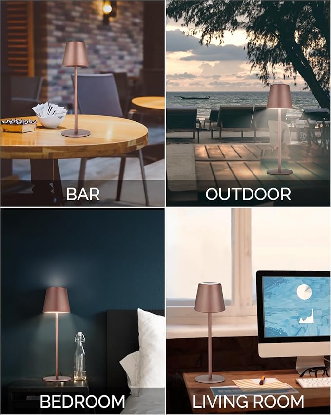 Maksone 2 Pack LED Cordless Table Lamp, 6600mWh Rechargeable Battery Desk Lamp, 3000K Stepless Dimming Night Light, IP54 Waterproof Metal Outdoor Portable Lamp for Camping, Restaurant(Brown)