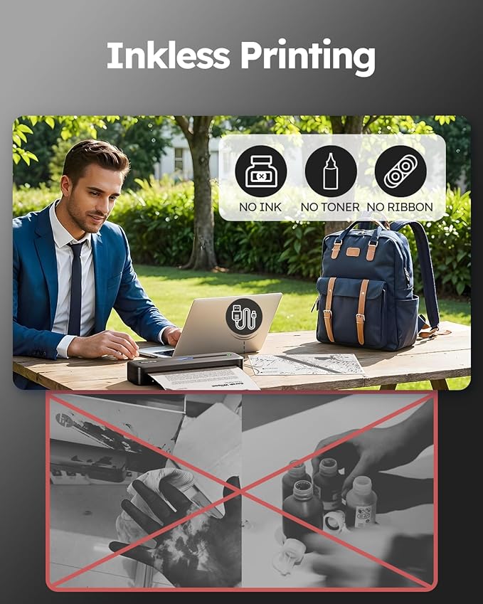 Phomemo Portable Printers Wireless for Travel, Inkless Portable Thermal Printer for Phone Laptop, Support 8.5'' x 11'' US Letter and A4 Szie, Bluetooth Mobile Printers for Vehicle Office Home Use