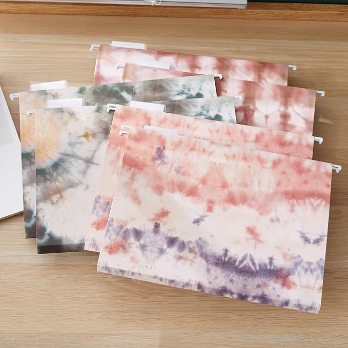 Y YOMA Letter Size - 6 Pack Extra Capacity Hanging File Folders with Pocket Accordion Decorative File Folder Cute Colored Expandable Folder for Office with 1/5-Cut Adjustable Tabs, Tie-dye Pattern