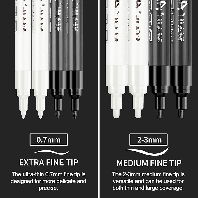 SFAIH Black & White Acrylic Paint Markers - 8 Pack 2-3MM Medium Tip & 0.7MM Extra Fine Paint Pens for Rock Painting, Wood, Metal, Fabric, Plastic, Canvas, Glass, Ceramic, Diy Crafts