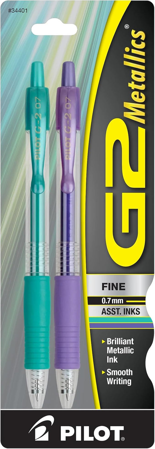 PILOT G2 Metallics Refillable & Retractable Rolling Ball Gel Pens, Fine Point, Assorted Color Inks, 2-Pack (34401)