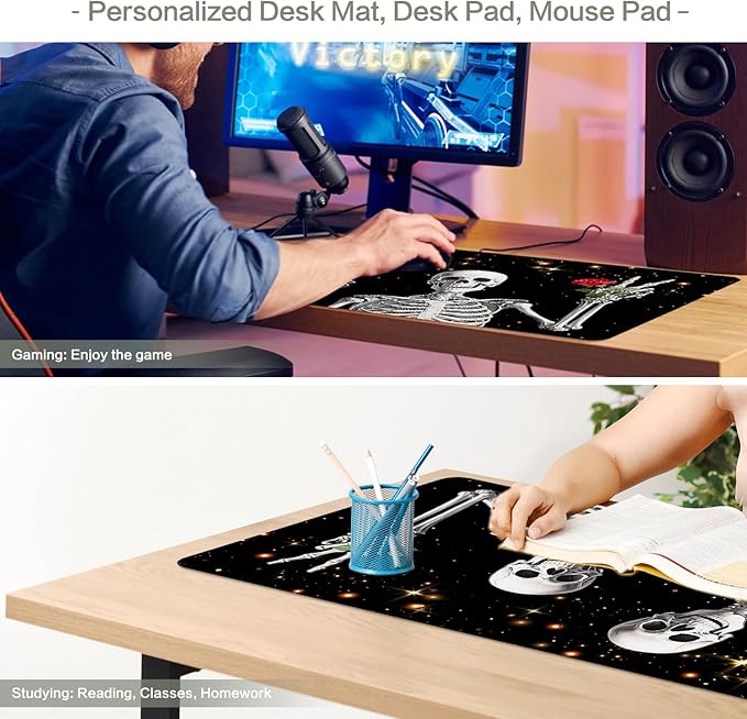 Love, Roses and Skulls Mouse Pad Desk Mat, Waterproof Black XXL Extended Large Gaming Mouse Pad Halloween Skull Rose Desk Pad Mousepad XXL Extended Keyboard Mat Mouse Mat, 31.5 x 15.7 in