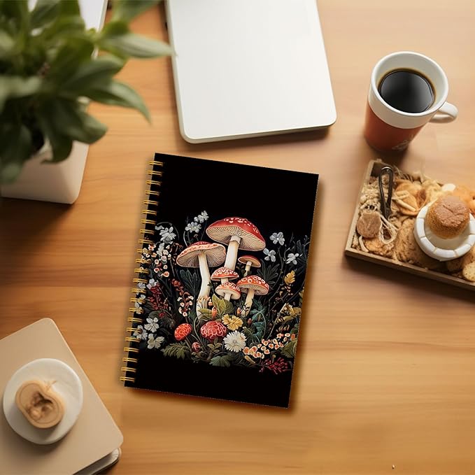 Guymn Dark Floral Mushroom Notebook, Gifts for Mushroom Lovers, Dark Cottagecore Witchy Floral Notebook Journal, Witchy Gifts for Women Hardcover Spiral Notebooks 5.5x8.3 Inch