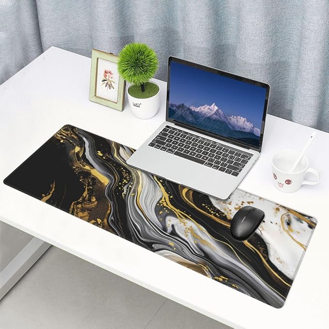 Desk Pad,Office Desk Mat 31.5"×11.8" Large Gaming Mouse Pad,Durable Extended Computer Mouse Pad,Waterproof Thick Big Mouse Pads with Non-Slip Rubber Base Office Home Black Gold Marble 1