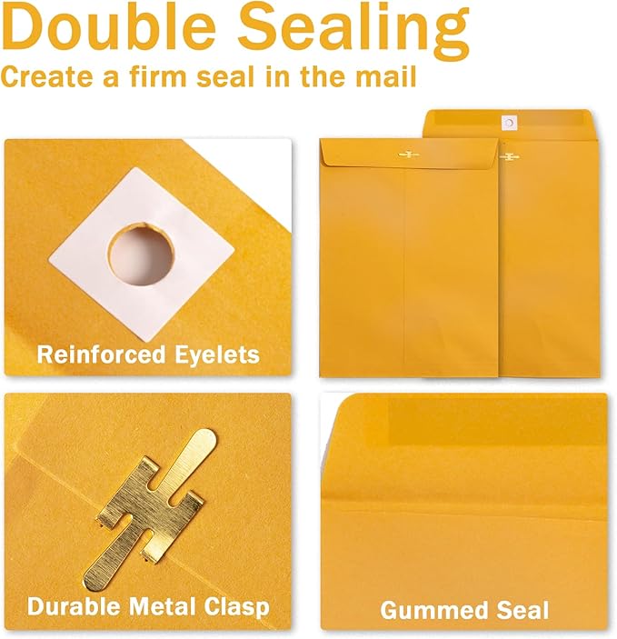 20 Pack Clasp Envelopes 9 x 12, 100 GSM Heavy Paper, Goefun Large Yellow Manilla Envelopes 9 x 12 with Clasp Closure and Gummed Seal