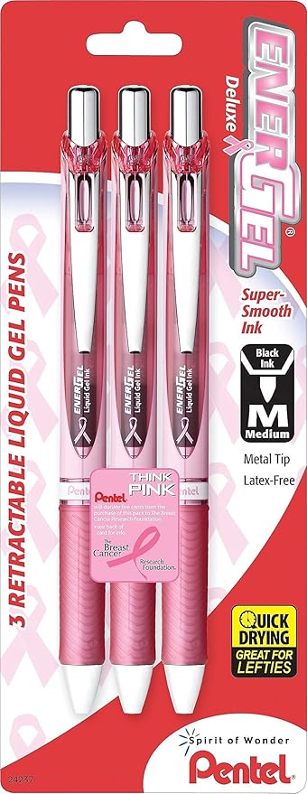 Pentel BL77PBP3ABC EnerGel RTX Retractable Liquid Gel Pen, .7mm, Pink Barrel, Black Ink. 3/Pack