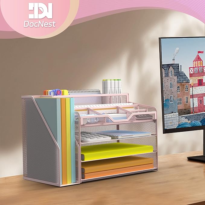 Docnest 4 Tier Mesh Desk Organizer with File Holder – Multi-Functional Paper Letter Tray with 5 Adjustable Compartments, 3 Pen Holders, Desktop Storage for Files, Mail, Stationery – Pink