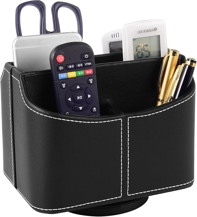 PU Leather Remote Control Holder Rotate 360 degrees Desk Organizer Storage Box for Remote Caddy,TV Guide, Mobile Phone, Pen,Stationery and Media Storage,Bedside Table Organizer(Black)
