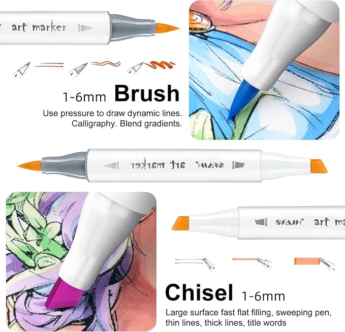 SFAIH Alcohol Markers Brush & Chisel - 121 Colors Double Tipped Art Markers for Adult Coloring Illustration, Gifts for Artist Adult - Adjustable Shoulder Strap & Faux Leather Lining & Outer Zip Pocket