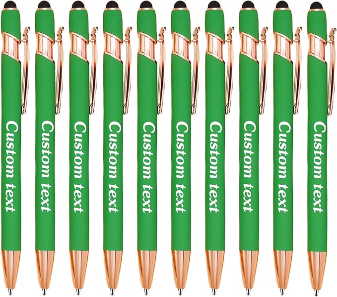 CRME Personalized Pens with Stylus Tip Customized Pens with Name/Logo Soft Grip Ball Point Pen for Men Women Smooth Writing Black Ink for Business Graduation Journaling Signature Green Pen