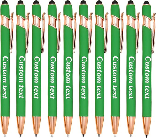 CRME Personalized Pens with Stylus Tip Customized Pens with Name/Logo Soft Grip Ball Point Pen for Men Women Smooth Writing Black Ink for Business Graduation Journaling Signature Green Pen