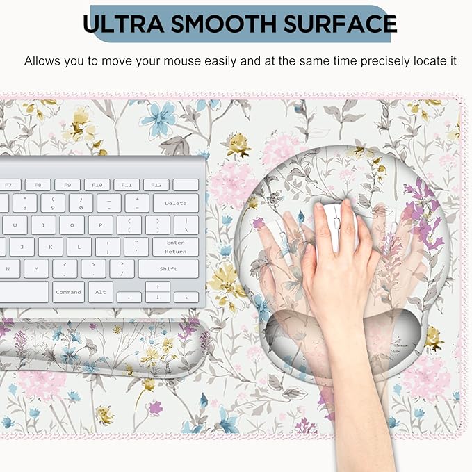 AIMSA Large Mouse Pad and Keyboard Wrist Rest, Desk Pad for Keyboard and Mouse, Large Gaming Mouse Pad with Wrist Support Combo, Desk Mat for Study Game, Wildflower Floral
