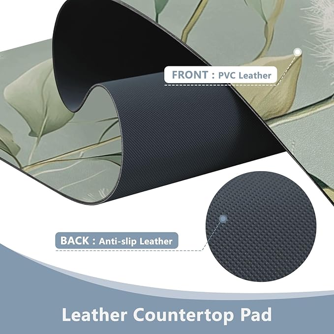 Mouse Pad Desk Mat Leather Desk Pad Large Gaming Desk Cover Protector Mat for Keyboard Computer Laptop Office Waterproof 35.4 x 16.5 Inch Sage Green Dandelion