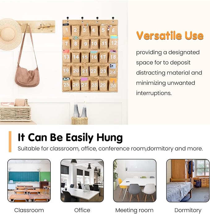 Eamay 30 Numbered Classroom Pocket Charts for Cell Phones and Calculators Holder Wall Door Mount Hanging Organizer