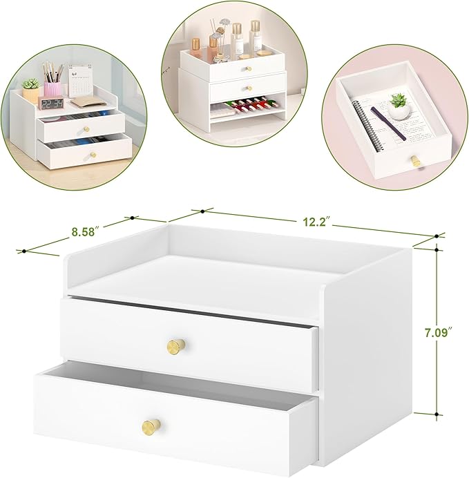 Bamboo Desk Organizer with Drawers Wooden Desktop Storage Drawers for Bills Office Supplies Kitchen Utensils Organizing Tool for Home Classroom Organization No Assembly (2 Drawers, White)