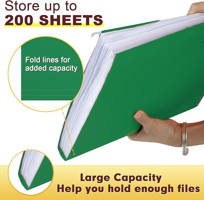 HERKKA Hanging File Folders, 30 Pack Reinforced Letter Size Hanging Folders, Designed for Bulky Files, Filing Cabinet, 1/5-Cut Adjustable Tabs (Green)