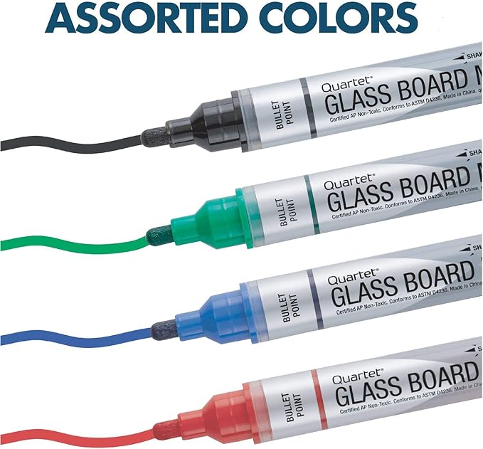 Quartet Glass Board Dry Erase Markers, Premium, Bullet Tip, Assorted Colors, 4 Pack (79552)