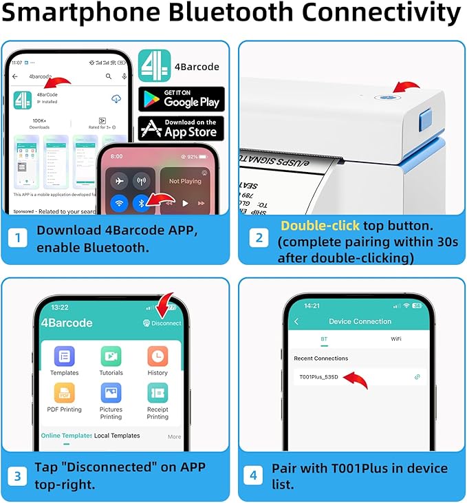 ORGSTA Bluetooth Thermal Shipping Label Printer T001-Plus Wireless 4x6 Shipping Label Printer for Small Business Support Android iPhone & Windows Widely Used for Amazon, Ebay, Shopify, Etsy, USPS