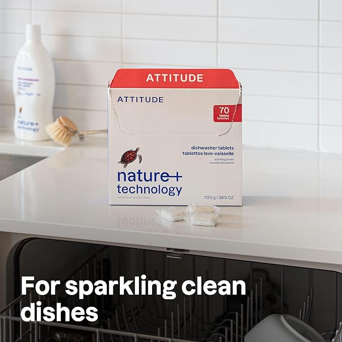 ATTITUDE Dishwasher Pods, Plant-Based & Vegan, Phosphate-Free Detergent Tablets, Naturally Derived, Unscented, 70 Count