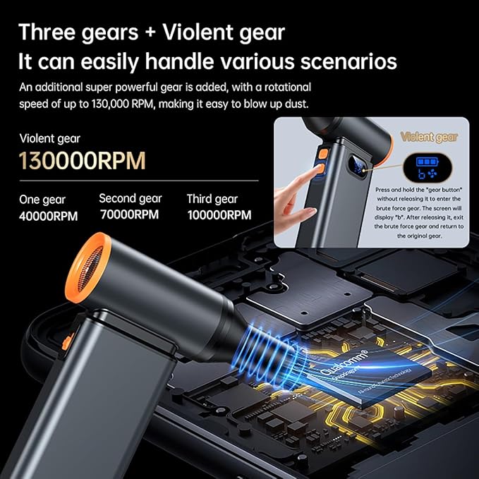 TILLMANER BC02 Cordless Air Duster, 130K RPM, 180W, 3-Speed + Turbo, 6000mAh Fast Charge, Aluminum, for PC/Keyboard/Car, Cosmic Gray