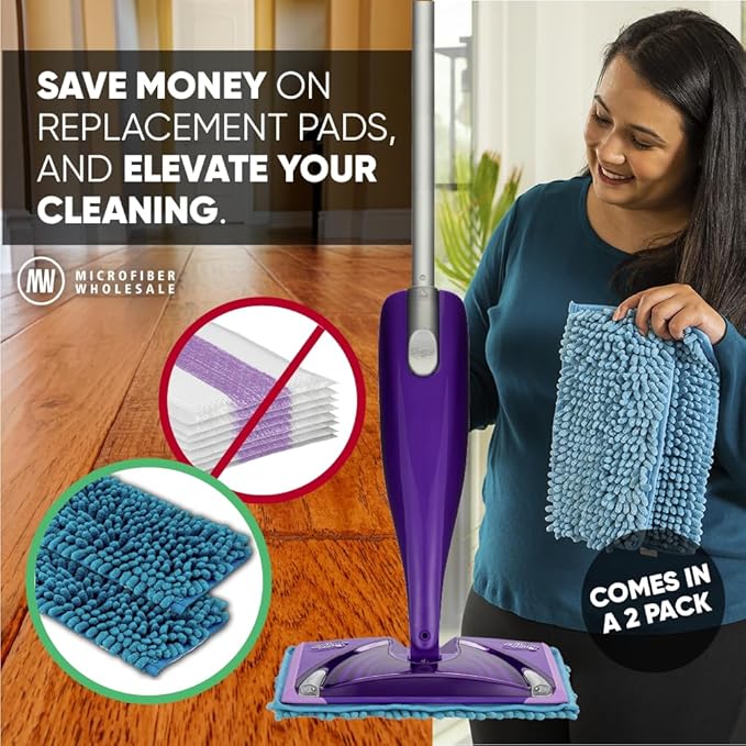 10" Dry & Wet Mucho Mop Pads - Compatible with Swiffer Wet Jet - Replacement Flat Mop Heads - Reusable & Washable Microfiber Mop Pads, 2 Pack
