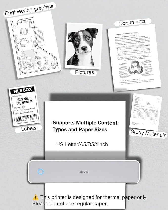 Inkless Portable Printer for Travel, 300DPI Wireless Thermal Printer Support 8.5" x 11" US Letter, A4, MT610Pro Small Bluetooth Printers Compatible with iOS, Android Laptop for Home Office Car, Grey