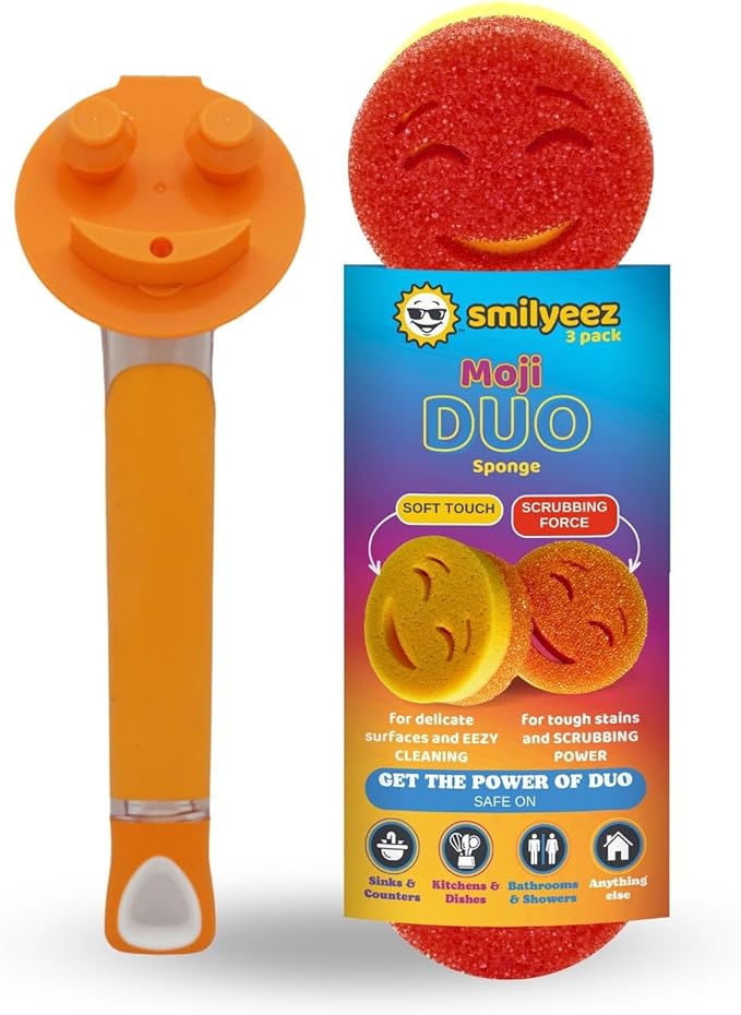 The Original Smiling Handle for Scrub Daddy (Reg. TM) Sponge and Scrub Moji Sponge - (Orange Handle) & 3 Scrub Moji DUO's