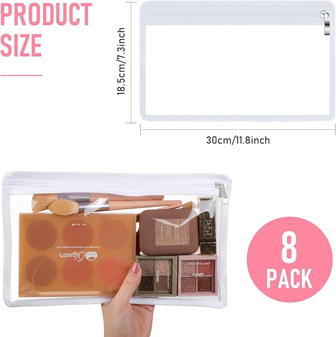 Outus 8 Pcs Clear Zipper Pouches Pencil Pouches PVC Makeup Pouch Envelopes Folder Storage Multi Purpose Pouch Document File Organization Bags, Office Supplies (White Edging, 11.5 x 7 Inches)