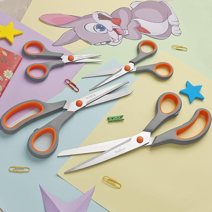 Scissors Set of 4, Premium Stainless Steel Razor Blades, Ergonomic Semi-Soft Rubber Grip, Suitable for School, Office and Family Daily Use, 9.6''/8.5''/6.4"/5.4", Orange&Gray