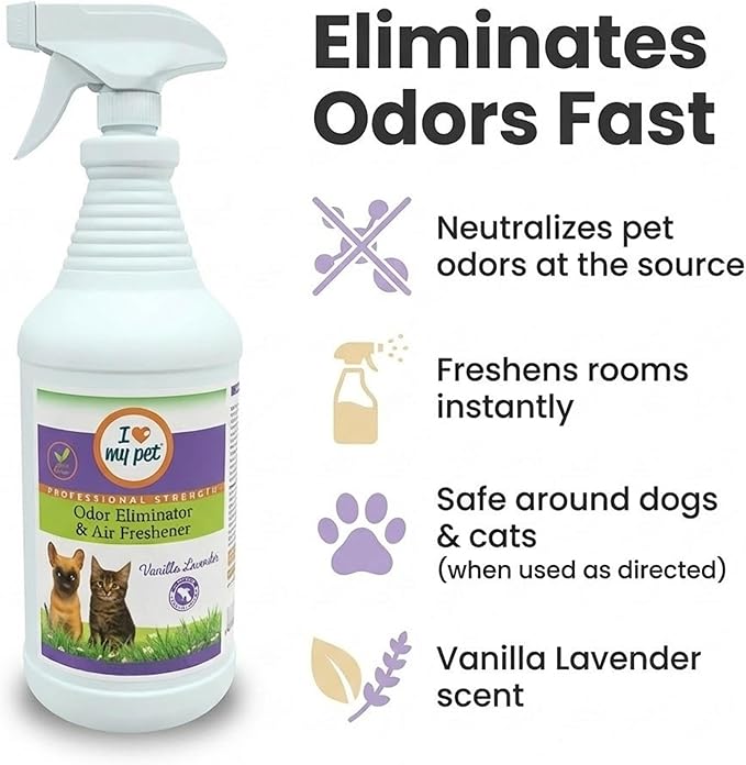 I Love My Pet Odor Eliminator Spray and Air Freshener for Strong Pet Odors – Neutralizes Dog and Cat Urine on Fabrics, Carpets, Pet Beds – 32 oz Vanilla Lavender