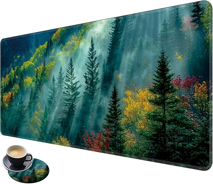 Desk Mat Large Gaming Mouse Pad (31.5x11.8 inch) with Stitched Edges, XL Mouse Pad +Coaster, Extended Mouse Mat Keybroad Mousepad Non-Slip Rubber for Gamer Men Women, Landscape Nature Forest