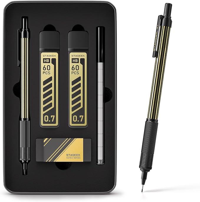 0.7mm Mechanical Pencil with Metal Gift Case, 1PCS Metal Mechanical Pencil with 120Pcs HB Lead Refills,4B Erasers and 9PCS Eraser Refills, for Writing Drafting Drawing and Sketching(Gold)