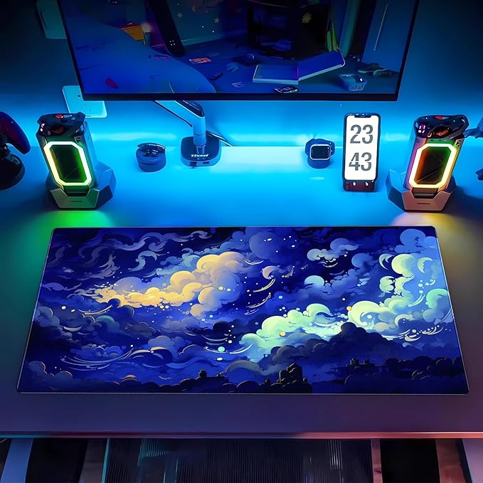 XL Gaming Desk Pad Kawaii Dark Blue Clouds Design, Non-Slip Surface & Stitched Edges, 31.5x15.7 in - Cute Aesthetic for Office or Gaming Setup