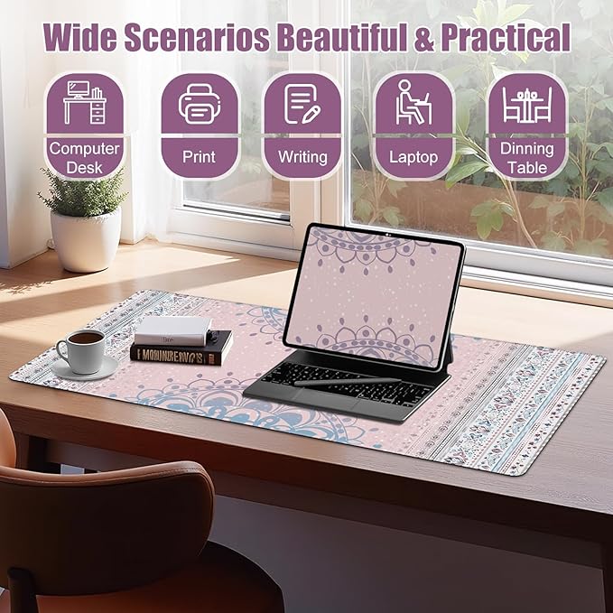 Pink Rug Desk Mat Retro, Large Desk Matt for Desktop, CuteDesk Pad Mat, XXL Big Mouse Pad, Anti-Slip Mousepad with Stitched Edges, Keyboard Pad MouseMat Cover for Computer 35.4×15.7 in