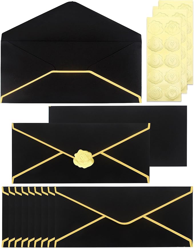 Business Envelopes with V-Flap,Gold Border 30 Pack #10 Envelopes Made of 150gsm Paper, Standard Envelopes with Gold Stickers for Office, Checks, Letter Mailing,9.45 x 4.13 Inches (Black)