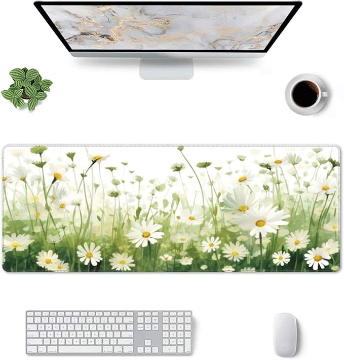 Daisy Flowers Large Mouse Pad, Floral Gaming Desk Mat, XL Keyboard Desk Pad Mat for Desktop, 31.5"x11.8" Non-Slip Base Big Mousepad with Stitched Edges