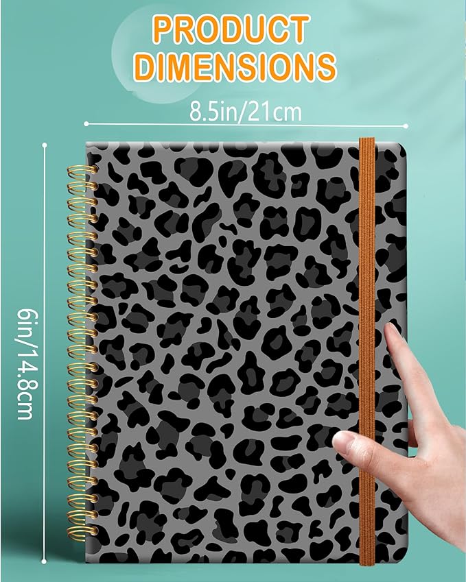 Ruled Spiral Writing Notebook,A5 Hardcover Lined College Journal for Women Lady Girl,Strong Twin-Wire Binding with Premium Paper,8.4" X 6",Perfect for School,Office,Home Gifts(black and gray leopard)