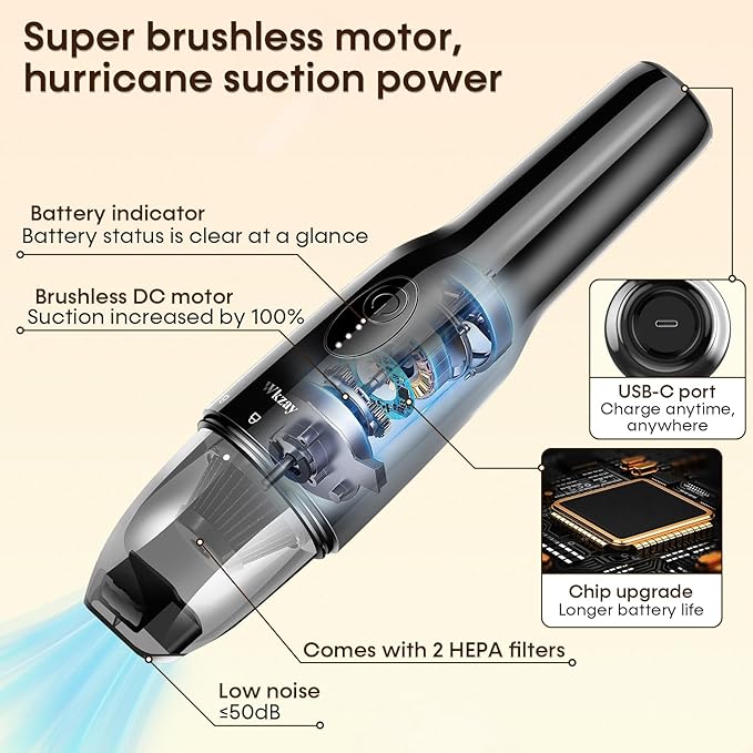 Wkzay Small Handheld Vacuum Cordless with Brushless Motor – 16,000Pa Strong Suction, Fast Charging, Low Noise, Lightweight and Portable for Home, Apartment, Dorms, Small Spaces