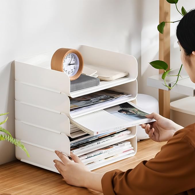 Okllen 3 Pack Stackable Desktop Letter Tray, 3 Tier Paper Document Tray Organizer, White Plastic Desk File Rack for A4 Paper, Magazine, Receipts, Office Supplies
