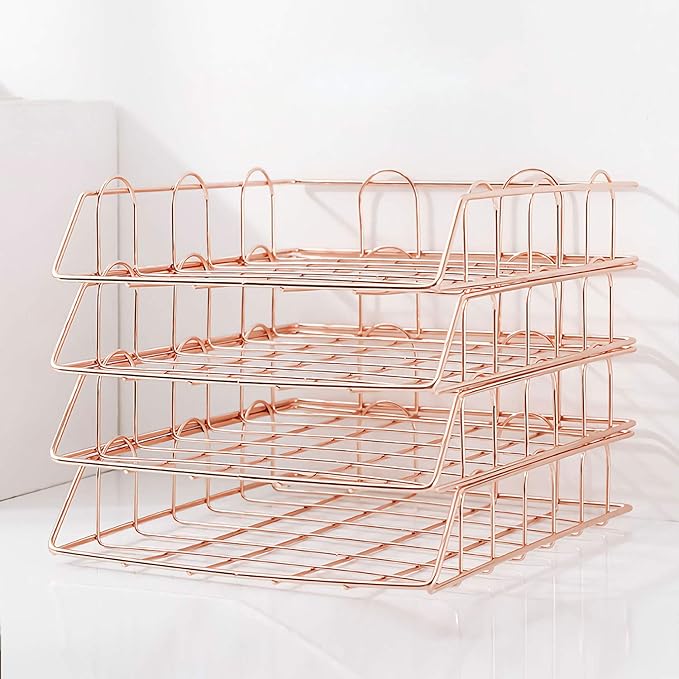 Jolitac Rose Gold 4-Tier Stackable Paper Tray Desk Organizer, Workspace Decorative Stacking Rack Supplies Holder, Metal Letter Trays for File Documents in Home & Office (Rose Gold)